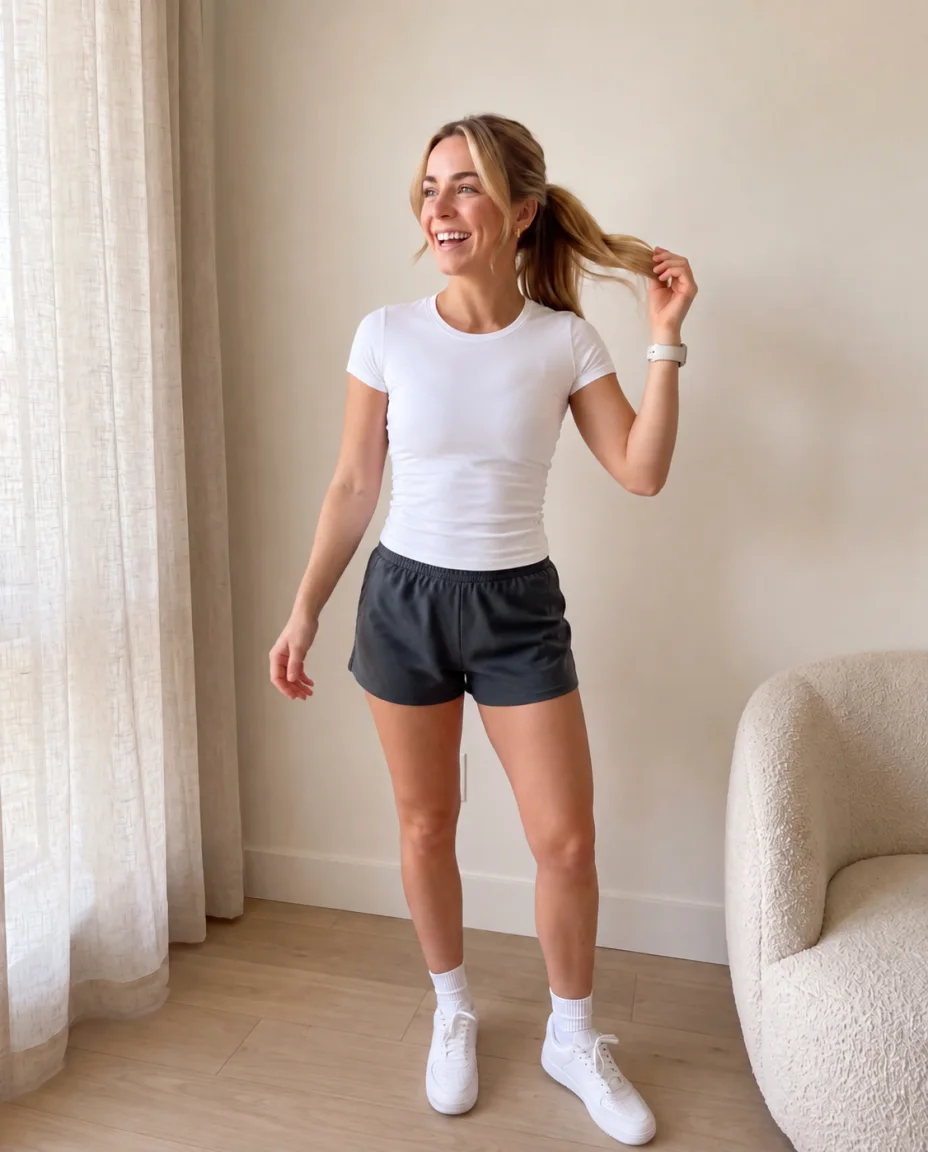 Young blonde runner in a white T-shirt and charcoal athletic shorts before virtual try-on